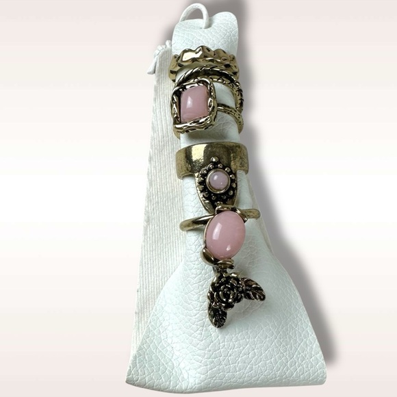 Free People Morning Meadow Ring Set Gold Pink Opal NWT Bohemian Stackable Gypsy - Picture 1 of 7